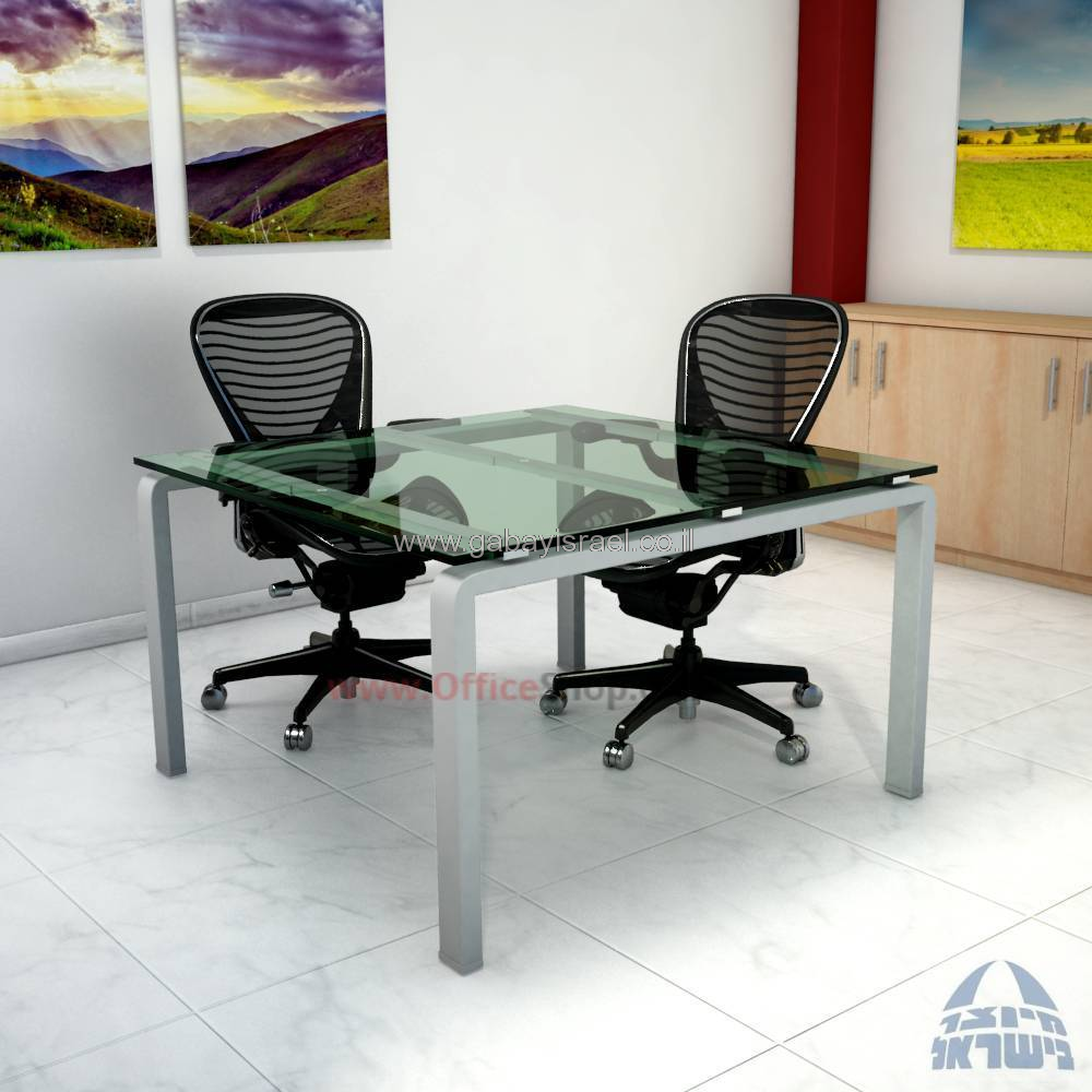 MORO - שולחן ישיבות זכוכית שקופה -רגל כסופה -  במידה 120X120 ס''מ