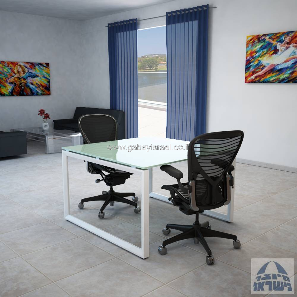 שולחן ישיבות יוקרתי דגם DIAMOND זכוכית לבנה מחוסמת רגליים בצבע כסוף