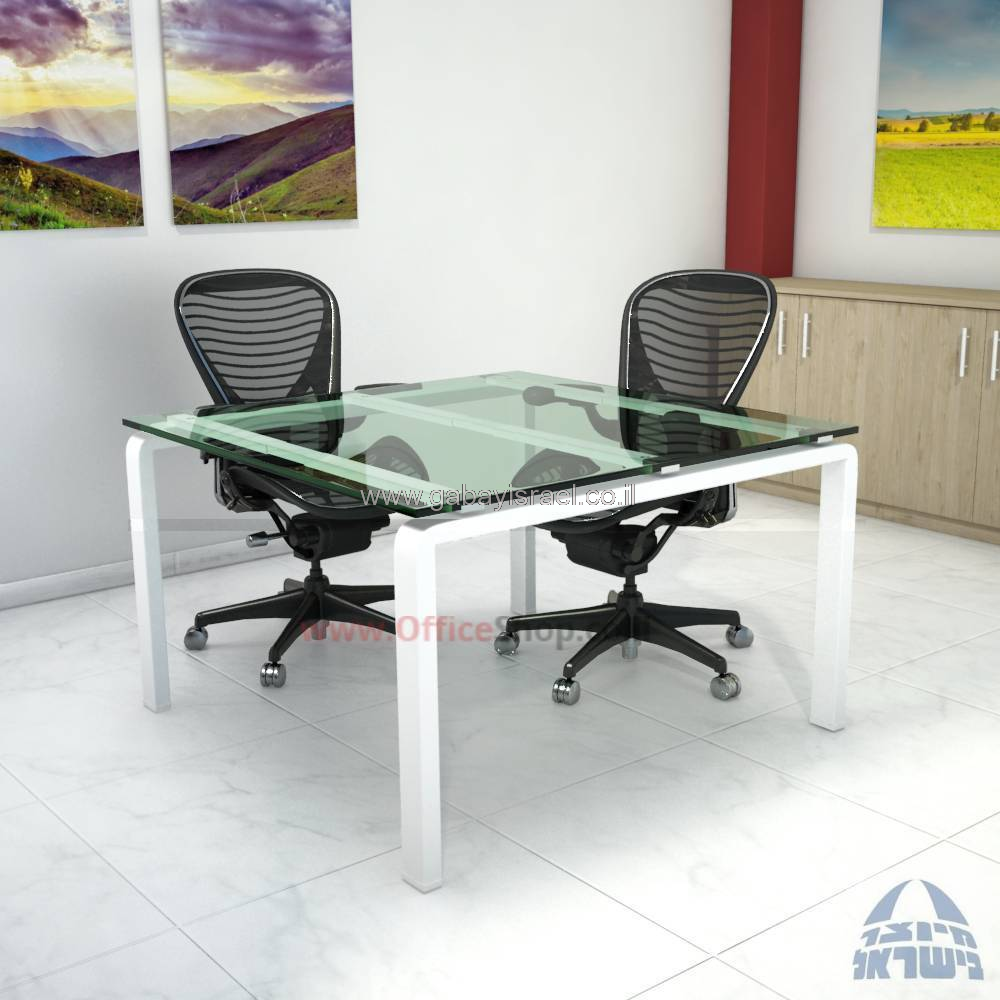 MORO - שולחן ישיבות זכוכית שקופה -רגל כסופה -  במידה 120X120 ס''מ